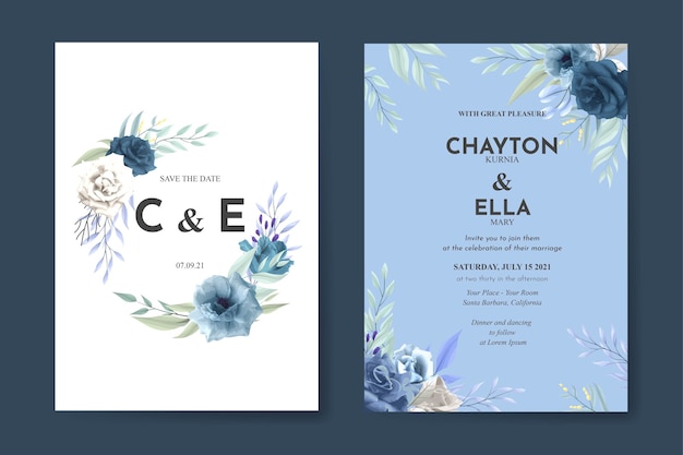 beautiful wedding invitation template with blue roses