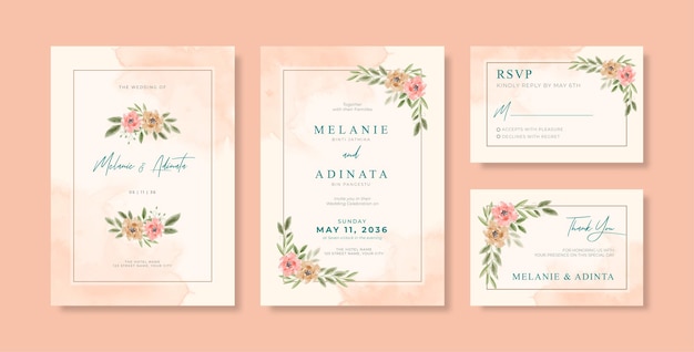 beautiful wedding invitation template with floral bouquet watercolor