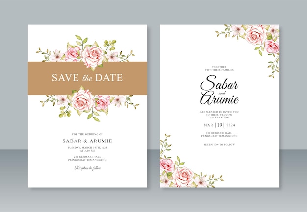 Beautiful wedding invitation template with floral watercolor painting