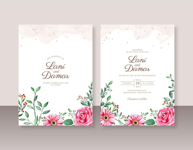 Beautiful wedding invitation template with floral watercolor painting