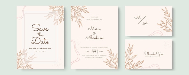 Beautiful wedding invitation template with hand drawn floral and leaves in pastel color