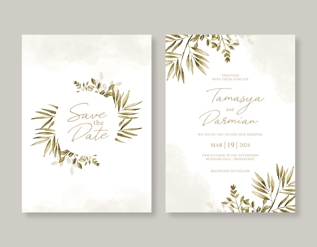 Beautiful wedding invitation template with leaves watercolor painting