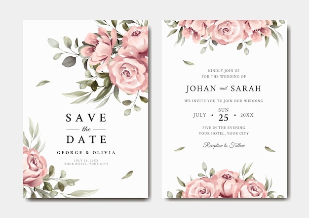 Beautiful wedding invitation template with pink floral