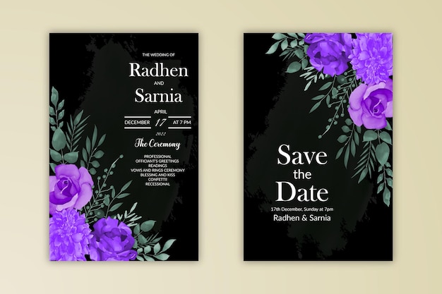 Beautiful wedding invitation template with purple flower's watercolor free vector