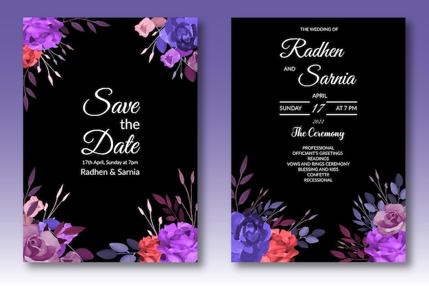 Vector beautiful wedding invitation template with red flower's and black background watercolor free vector