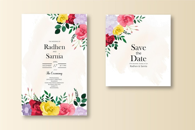 Vector beautiful wedding invitation template with red flower watercolor free vector