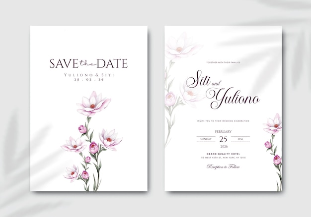 Bellissimo modello di invito al matrimonio con illustrazione di fiori ad acquerello vettoriale premium