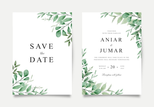 Vector beautiful wedding invitation template with watercolor green leaves