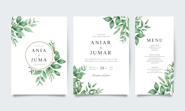 beautiful wedding invitation template with watercolor green leaves