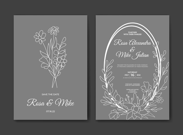 Beautiful wedding invitation template with wild flowers outline