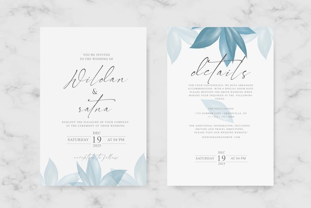 Beautiful wedding invitation with blue leaves decoration