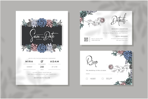 花のデザイン テンプレート ベクトルと美しい結婚式の招待状