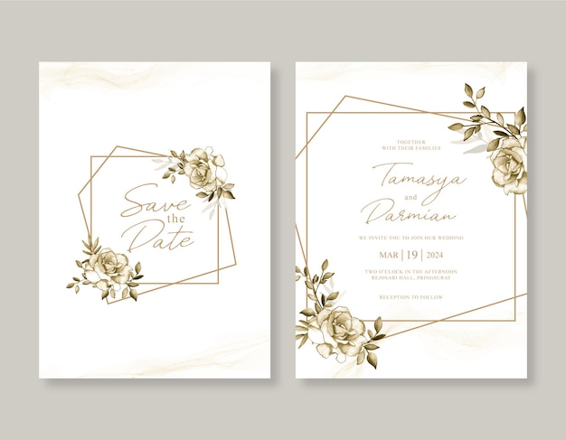 Beautiful wedding invitation with geometric gold and floral watercolor