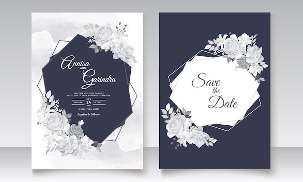 Beautiful wedding invitation with grey  floral and  leaves  template set  