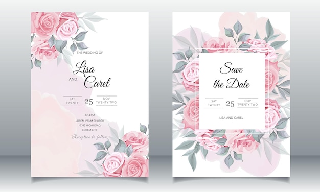 Beautiful wedding invitation with pink floral template