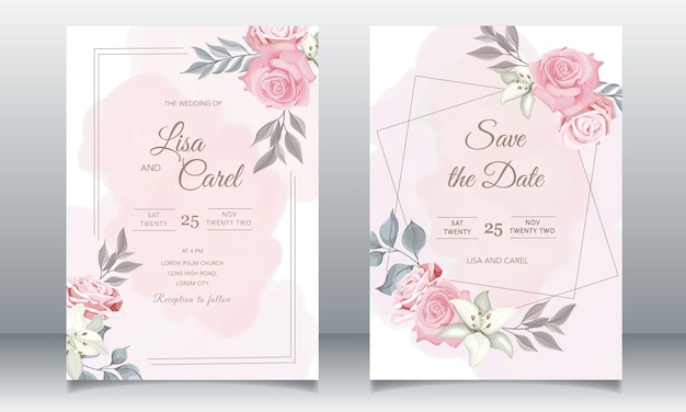 Beautiful wedding invitation with pink floral template