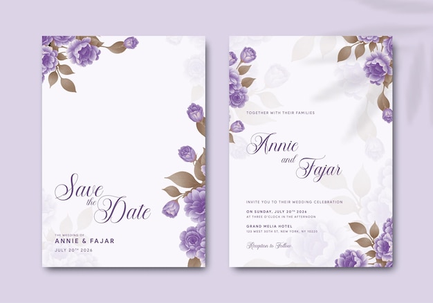 Vector beautiful wedding invitation with purple flowers bouquet illustration premium vector