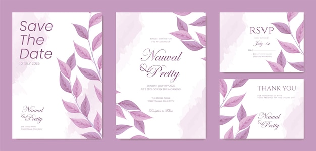 紫の葉と美しい結婚式の招待状水彩飾りテンプレート プレミアム ベクトル