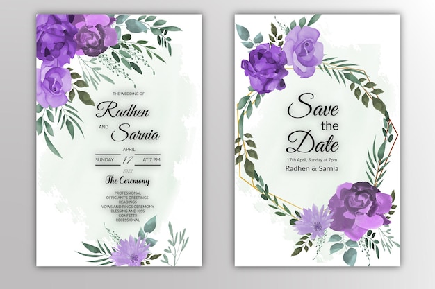 Beautiful wedding invitation with purple rose floral design with watercolor Free Vector