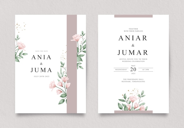 beautiful wedding invitation with watercolor floral and green leaves