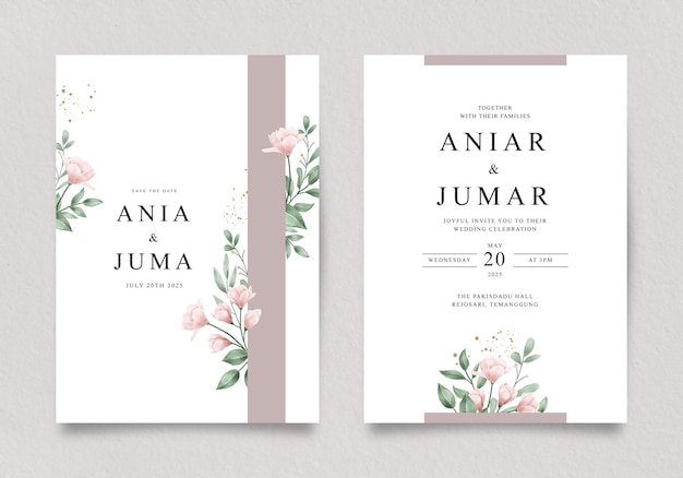 Beautiful wedding invitation with watercolor floral and green leaves