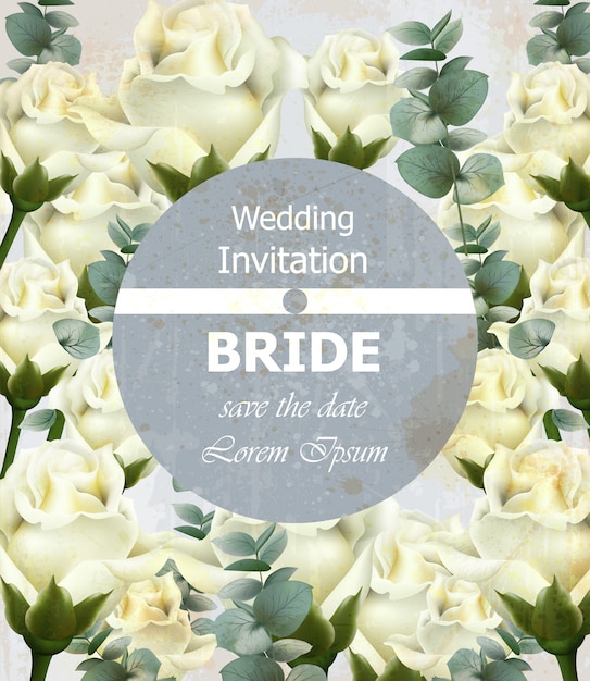 白いバラと美しい結婚式の招待状