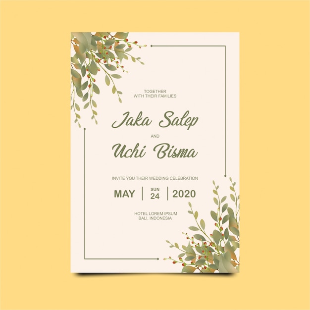 Beautiful wedding invitations with watercolor leaves