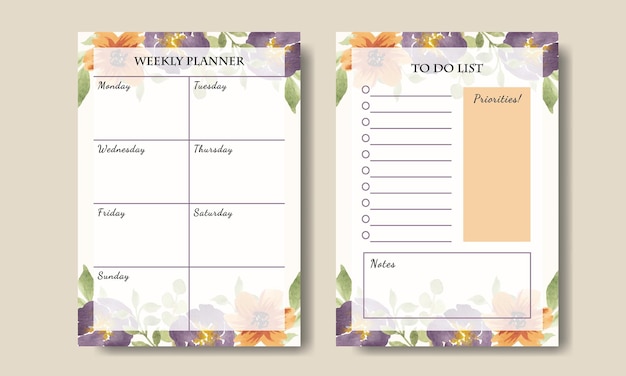 Vector beautiful weekly planner template with watercolor purple yellow florals background printable