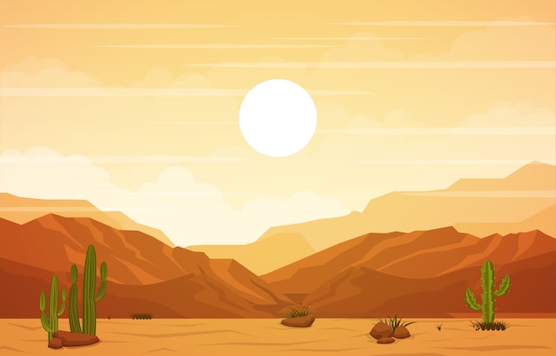 Beautiful western desert landscape with sky rock cliff mountain illustration