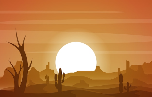 Vector beautiful western desert landscape with sky rock cliff mountain illustration