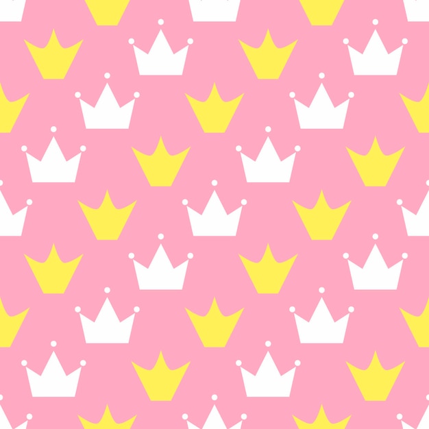 ピンクの背景に分離された王冠の美しい白と黄色の幼稚なかわいいシームレス パターン