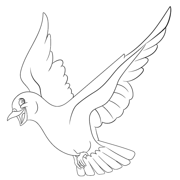 Beautiful white dove bird flying. cartoon coloring book page for kids.