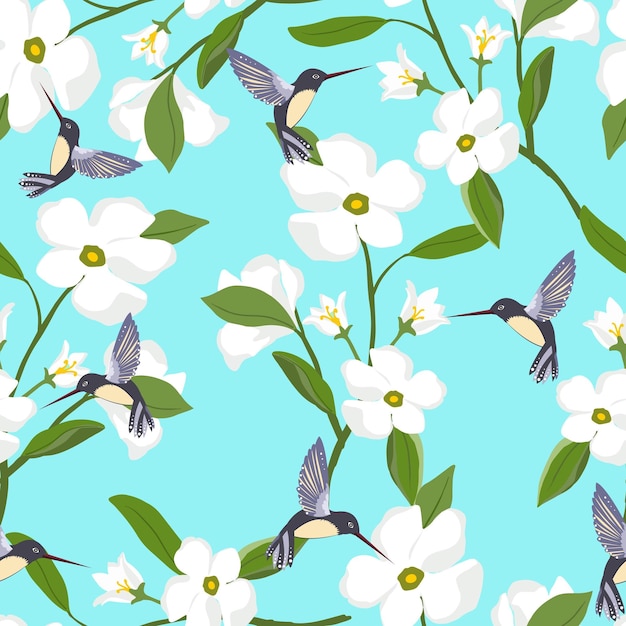 Vector beautiful white flower and humming bird seamless pattern