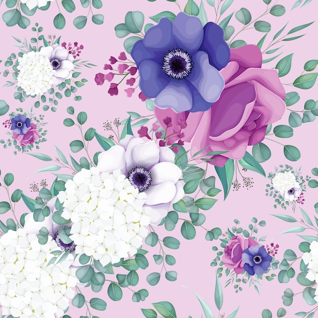 Beautiful white and purple floral seamless pattern