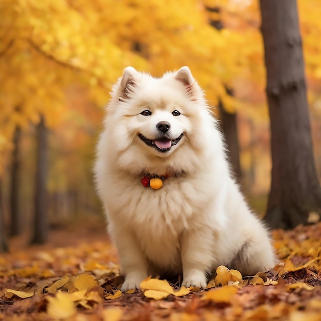 Un bellissimo cane samoiede bianco nella foresta d'autunno