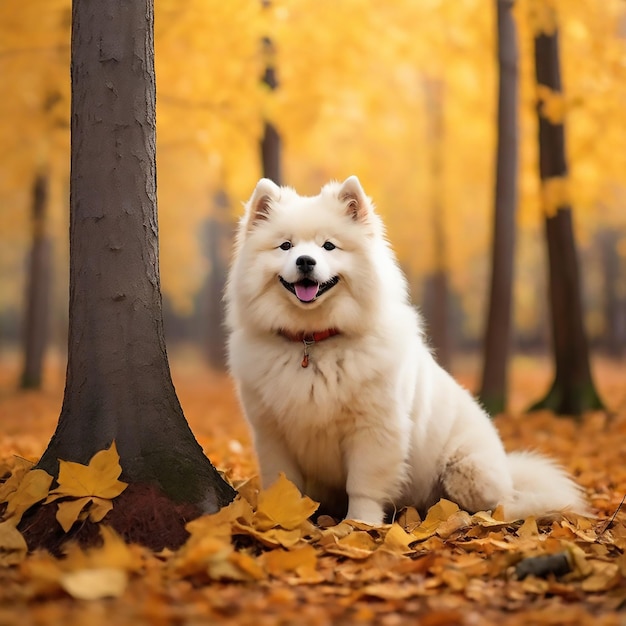 Vector a beautiful white samoyed dog in the autumn forest