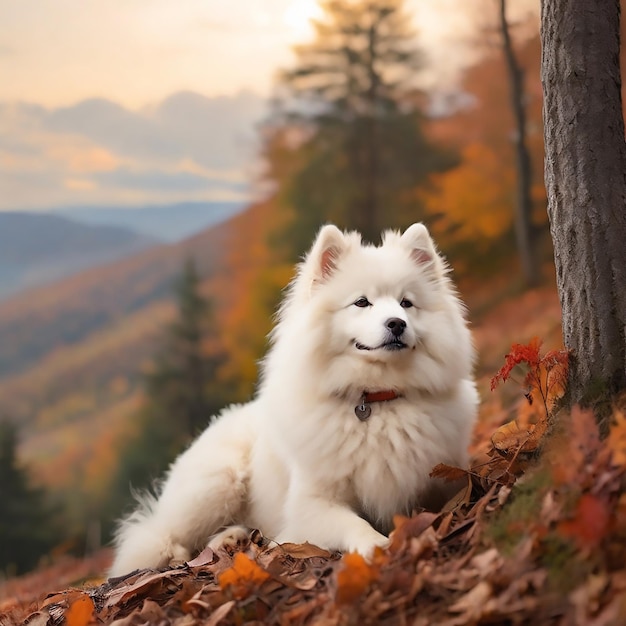 A beautiful white samoyed dog on the mountain in the autumn forest