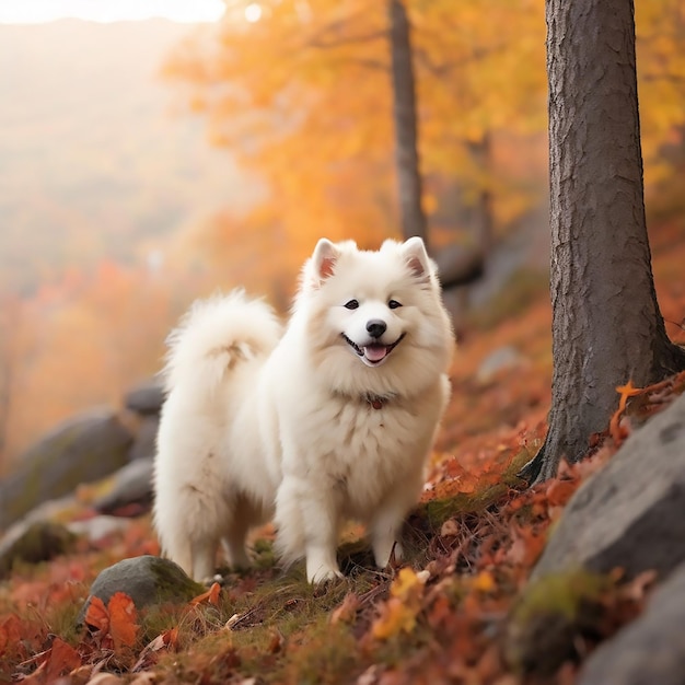 Un bellissimo cane bianco samoyed sulla montagna nella foresta d'autunno