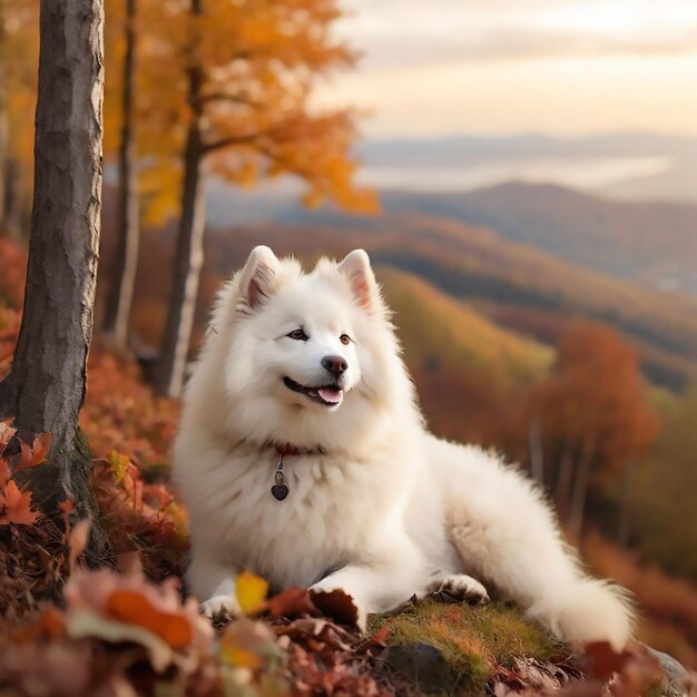 秋の森の山の上にある美しい白いサモイード犬