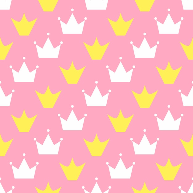 Beautiful white and yellow of crowns isolated on pink background Childish cute seamless pattern