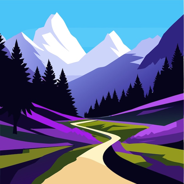 Beautiful winding path in meadows leading to mountains vector illustration