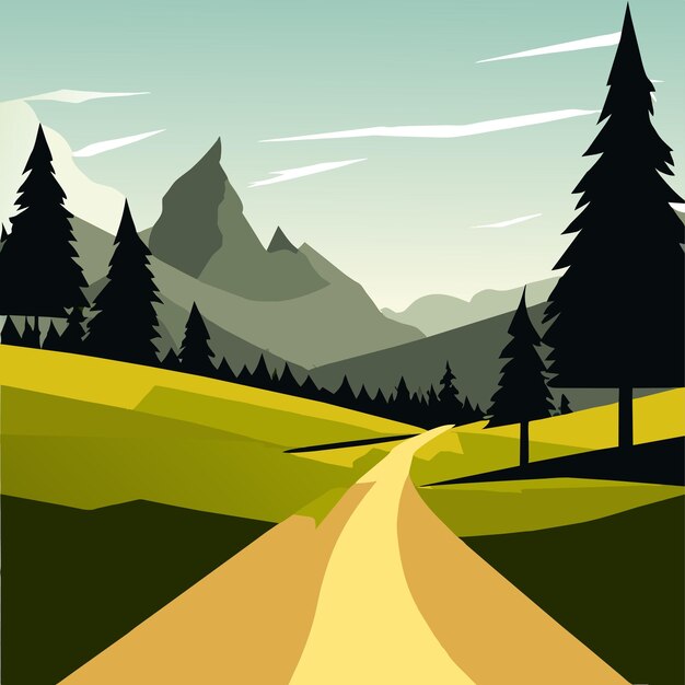 Vector beautiful winding path in meadows leading to mountains vector illustration