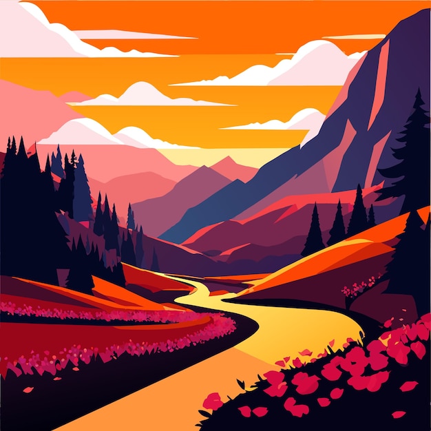 Vector beautiful winding path in meadows leading to mountains vector illustration