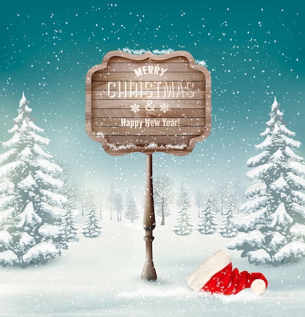 Vector beautiful winter background with snowy forest and a wooden merry christmas sign.