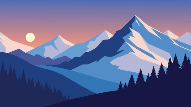 beautiful winter landscape in the mountains sunrise flat vector illustration