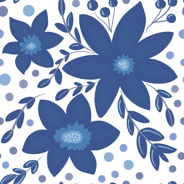 Beautiful winter season Christmas floral seamless pattern with blue flowers branches leaves dots
