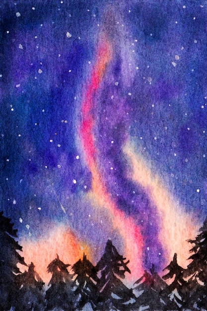 a beautiful winter with starry night sky watercolor painting background