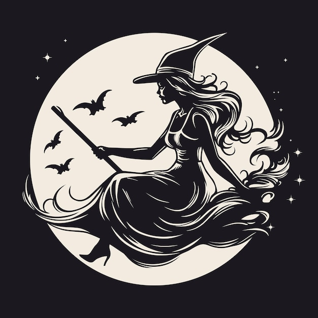 Beautiful witch flying on a broomstick in the night sky against the background of the full moon