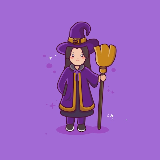 Vector beautiful witch holding broom with flat cartoon style