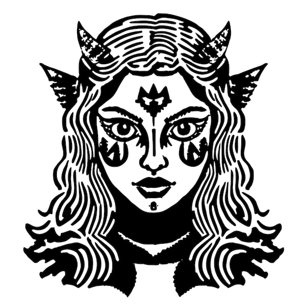 流れる ⁇ と角の美しい魔女 手描きの平らなスタイリッシュな漫画のステッカーアイコンのコンセプト
